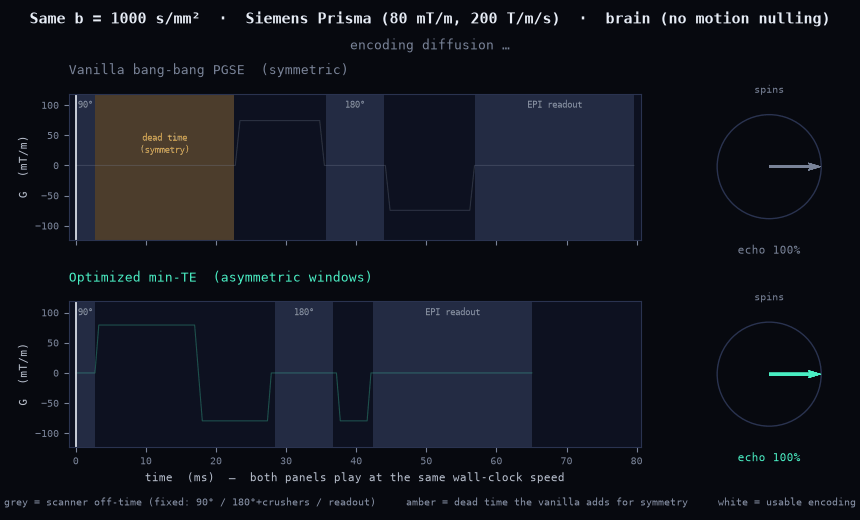 Two diffusion sequences encoding the same b-value on a Siemens Prisma, playing at the same speed: the vanilla symmetric bang-bang PGSE on top and the optimized min-TE asymmetric design below. The optimized design reaches its echo 15 ms sooner.