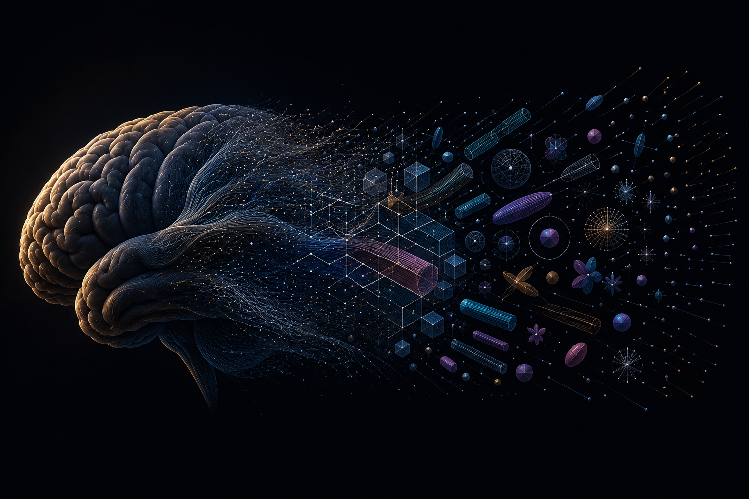 A brain dissolving into the geometric compartments dmipy represents it with — cylinders for axons, spheres for cells — the substrate behind the signal.