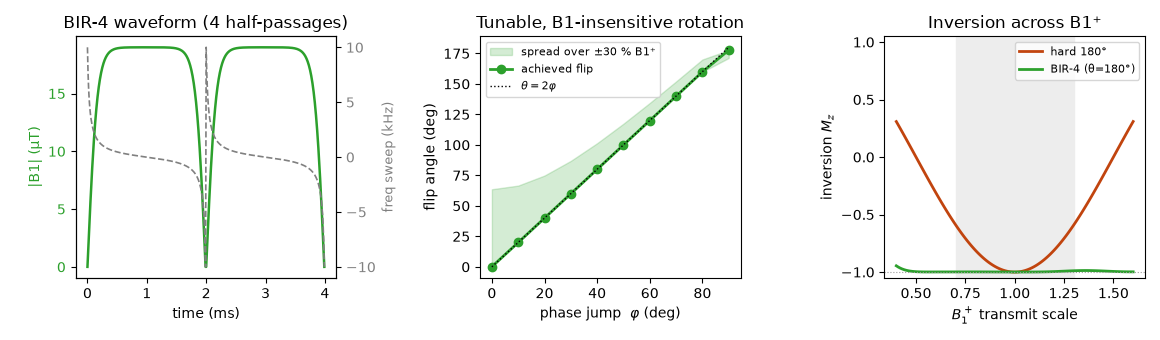 BIR-4: (left) the double-hump sech amplitude and alternating tanh frequency sweep; (centre) the achieved flip angle tracks 2φ and stays flat across ±30% B1⁺; (right) at θ=180° it inverts across the whole B1⁺ range where a hard 180° collapses.