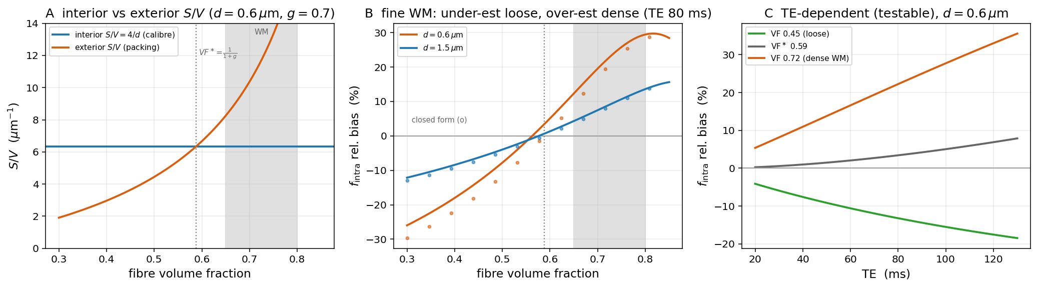 Intra-axonal fraction bias: the interior vs exterior S/V crossover, the fine-WM over/under-estimation vs packing at clinical TE (closed form vs distributed), and the TE-dependent signature.